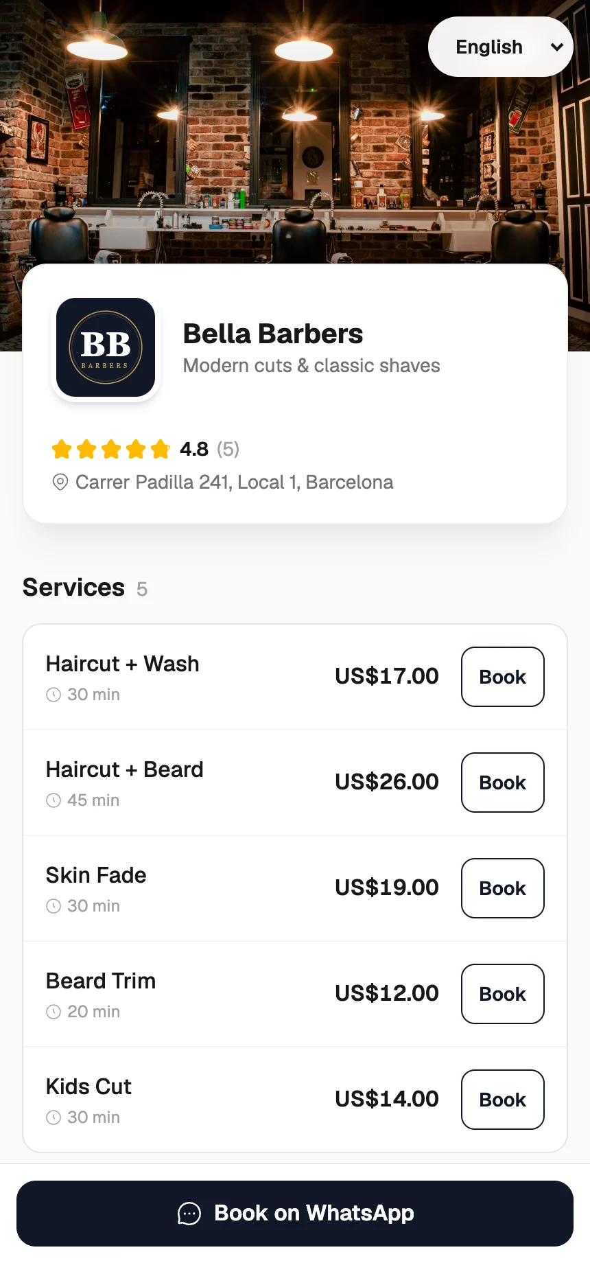 The Bella Barbers booking page on Citapami: cover photo, logo, rating and bookable services